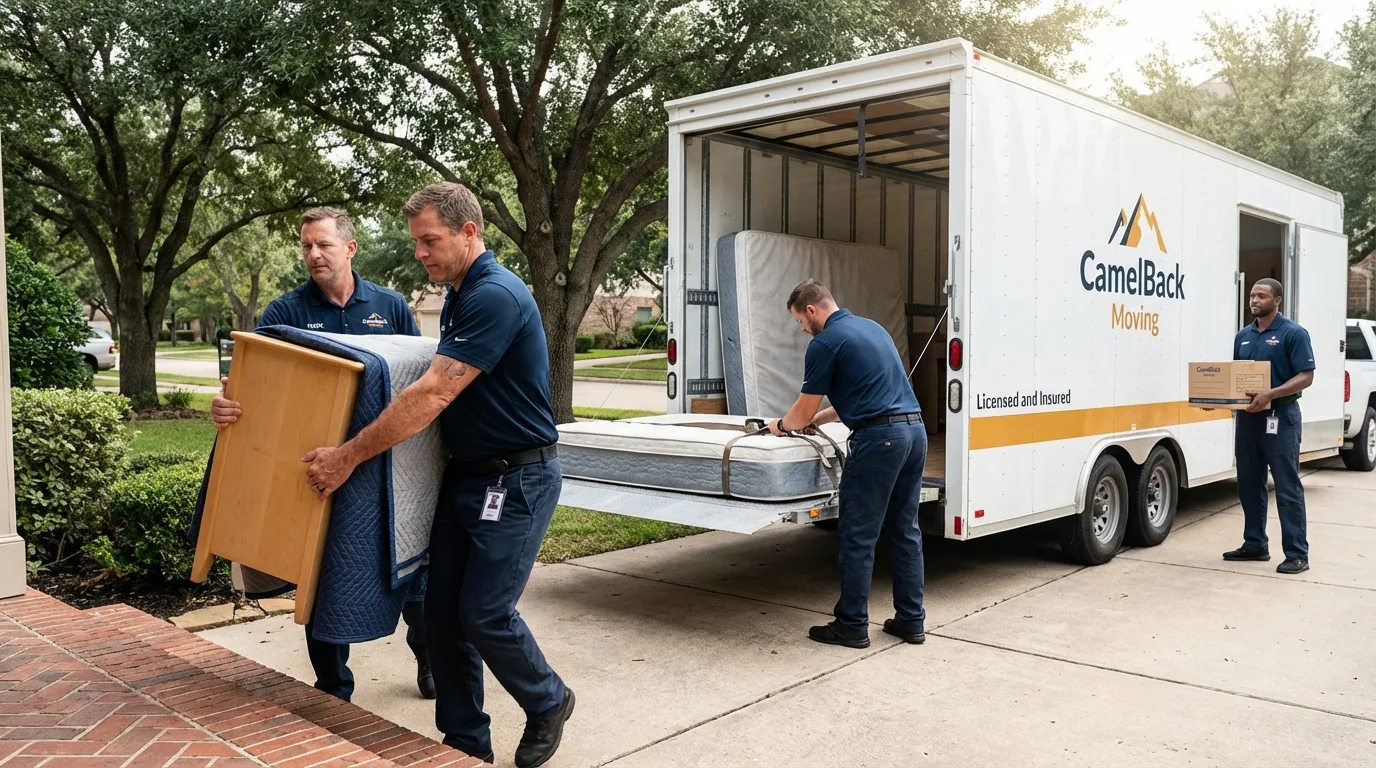 Crew loading residential truck for cross-state move from Albuquerque, NM