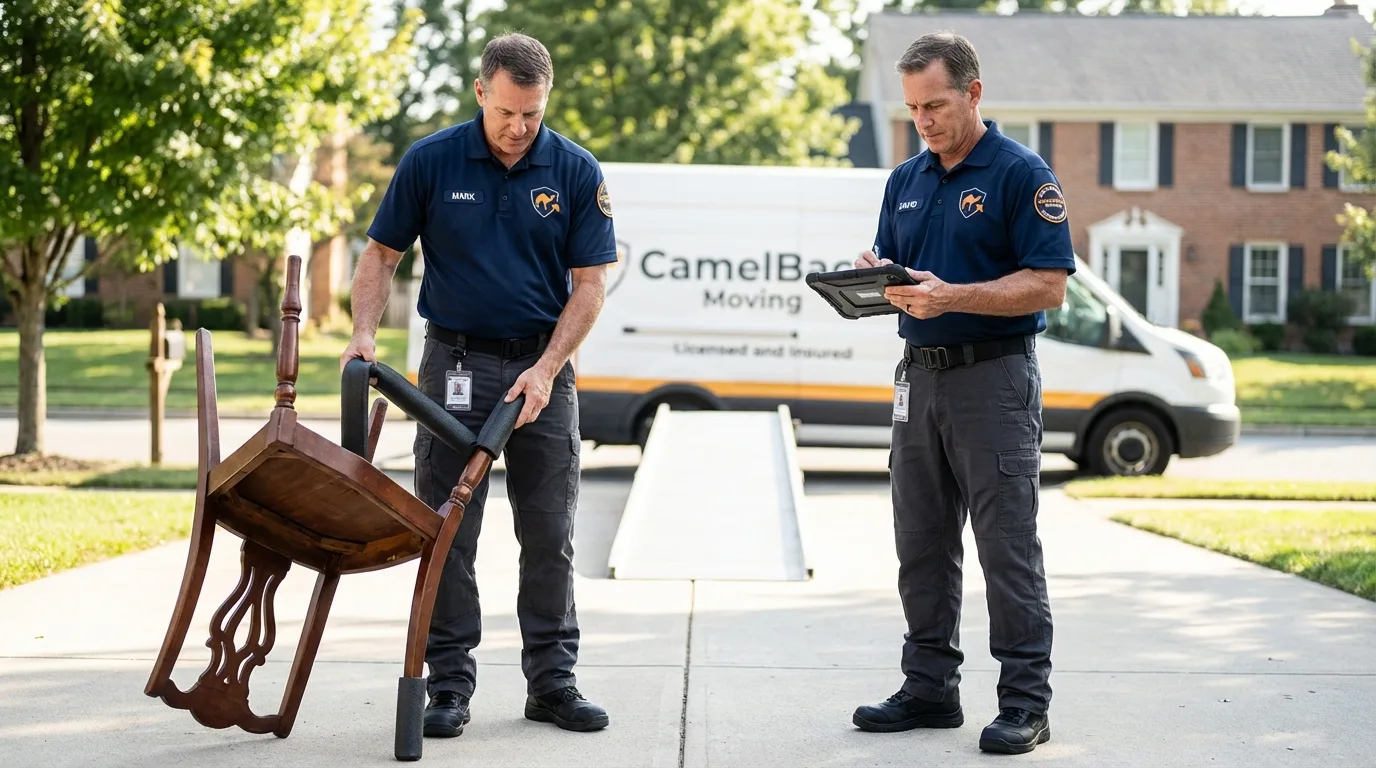 Movers inspecting furniture for damage prevention before loading in Albuquerque, NM