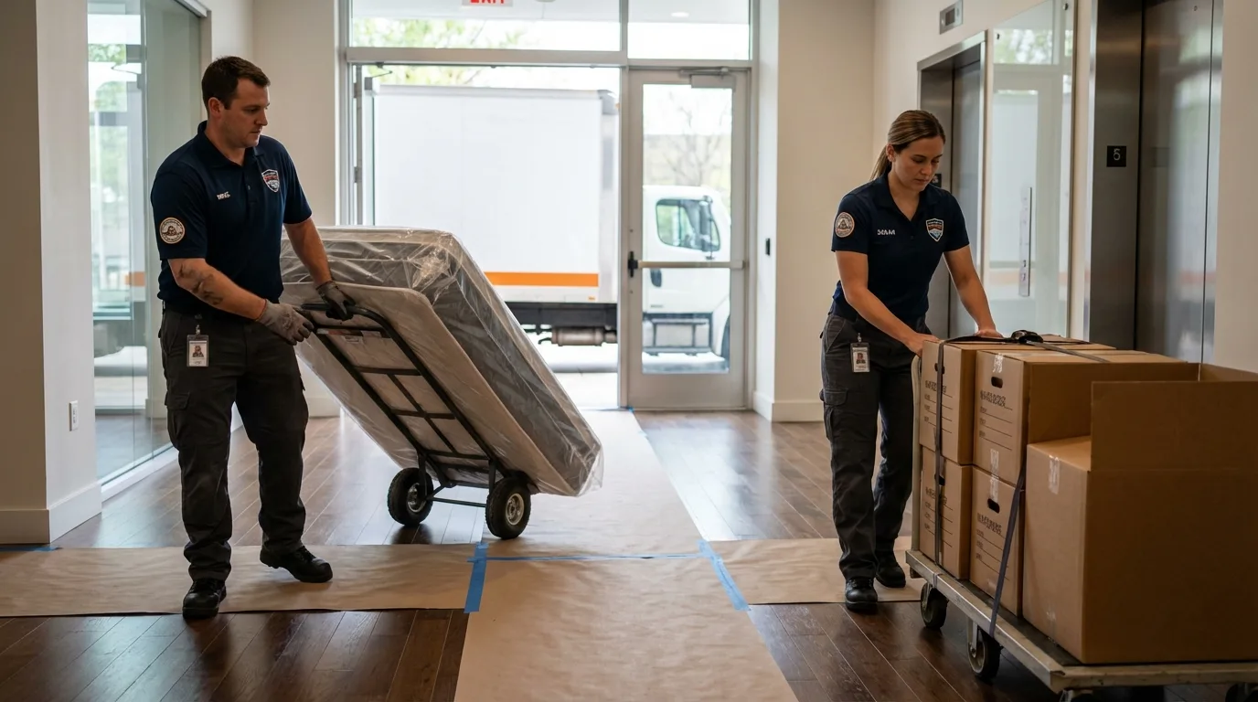 Professional apartment movers loading elevator in Albuquerque, NM